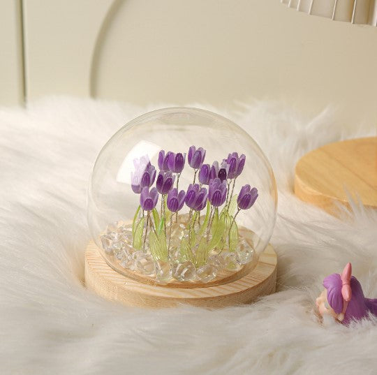 (Twenty Purple Tulips) Glowing Tulip Dome Lamp - Wooden Base, Bedside Table Decoration