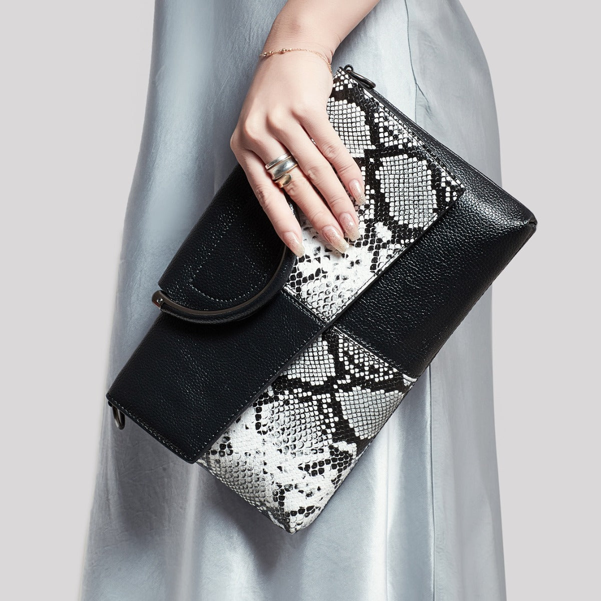 Black and White Elegant crocodile embossed clutch - with metal top handle and shoulder strap