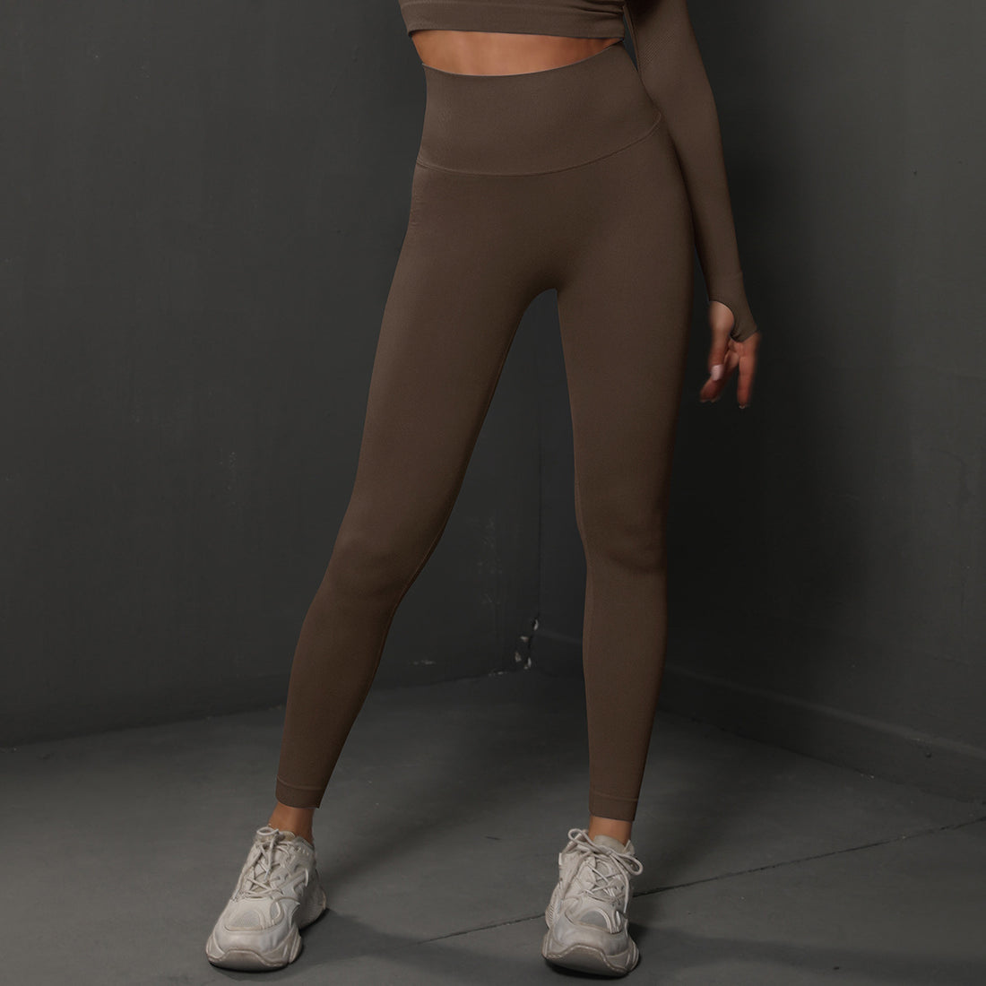 Size L Brown Seamless High-Waisted Yoga Pants for Women - Lift Workout Leggings for Running, Gym, and Fitness