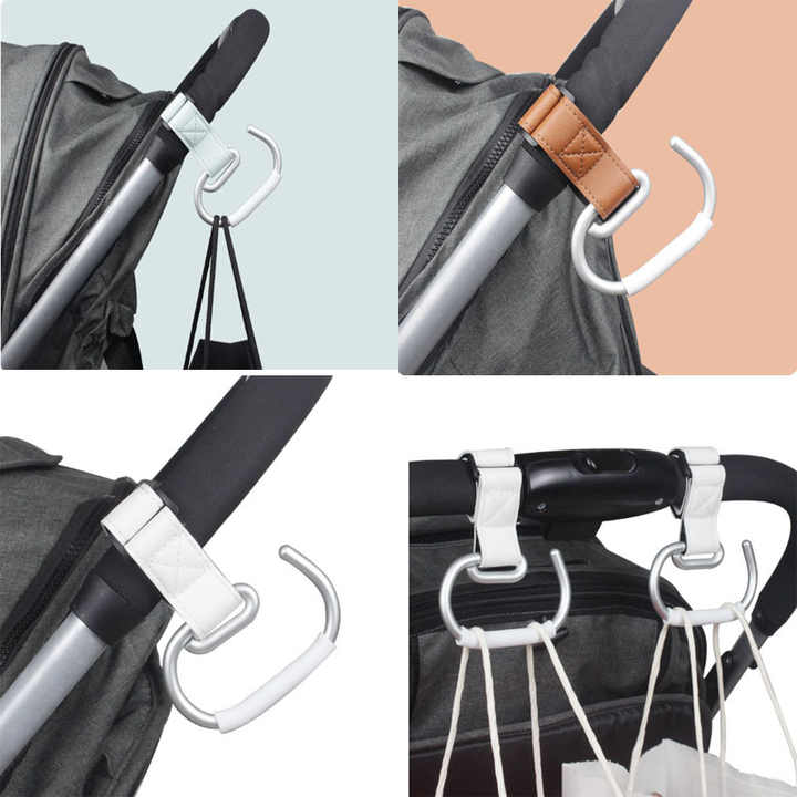 Pink Stroller Hooks 4-Pack - Leather and Alloy Pram Hooks with Velcro for Mom Bags and Accessories