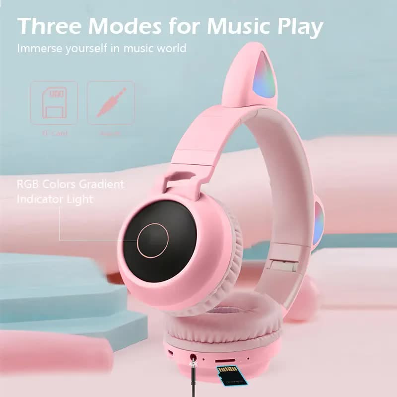 Purple And Pink Cat Ear Bluetooth Headphones with LED Lights - Wireless, Foldable