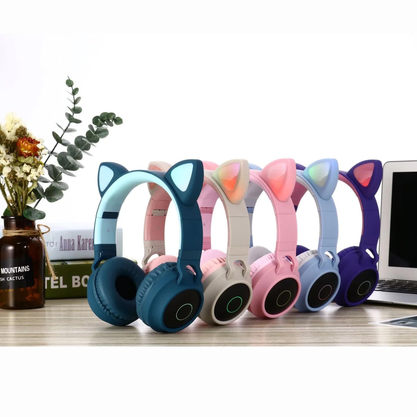 Purple And Pink Cat Ear Bluetooth Headphones with LED Lights - Wireless, Foldable