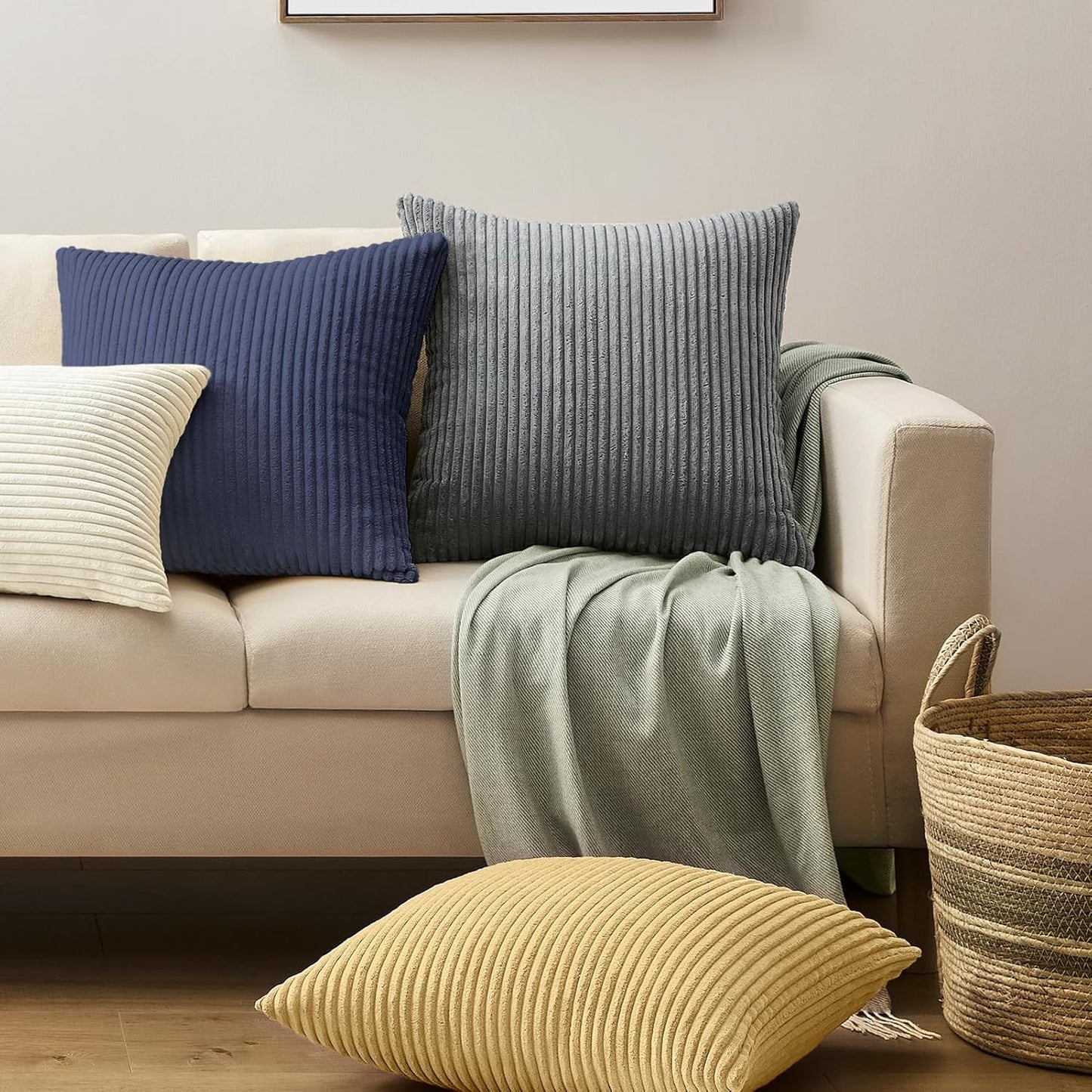 Dark Green Plush Striped Pillow Covers 45x45cm - Set of 4 Corduroy-Style Cushion Covers with Invisible Zipper, Soft and Washable for Sofa Decor