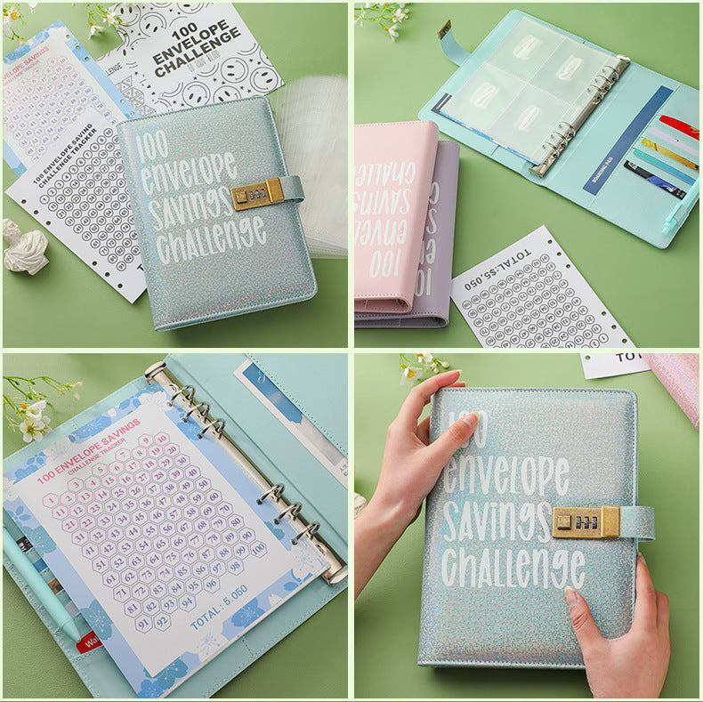100 Envelope Savings Challenge Binder with Password Lock Holographic Blue A5 Cash Stuffing Budget Planner Book Money Organiser for Couples (Glitter Blue)
