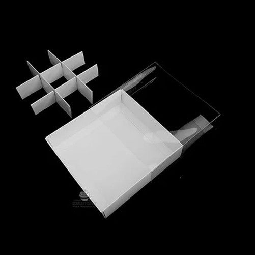100 Pack of White Card Chocolate Sweet Soap Product Reatail Gift Box - 9 bay 4x4x3cm Compartments - Clear Slide On Lid - 12x12x3cm