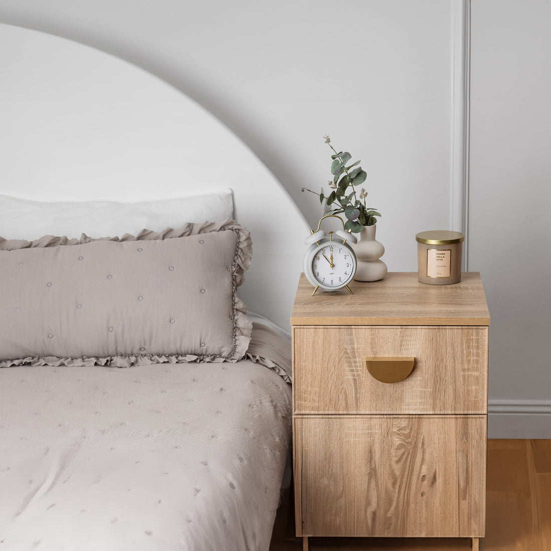 PORTO BEDSIDE TABLE - NATURAL OAK - SLIM - HALF MOON BRASS