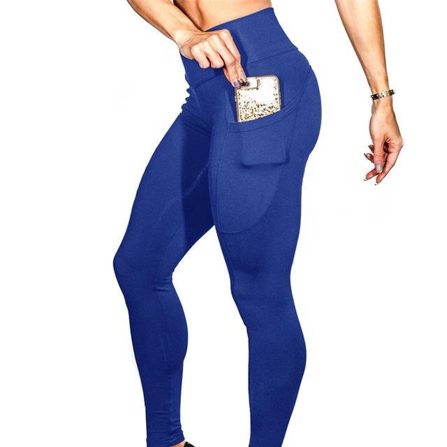 High Elastic Yoga Pants With Pockets For Women Stretch Leggings For Jogging Workout And Running Size S - Blue
