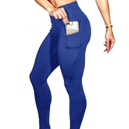 High Elastic Yoga Pants With Pockets For Women Stretch Leggings For Jogging Workout And Running Size S - Blue