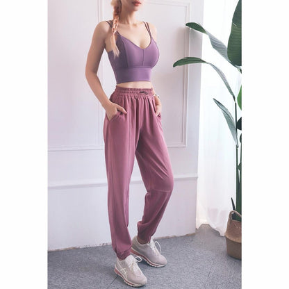 High Waist Drawstring Yoga Pants Black Size S - Black