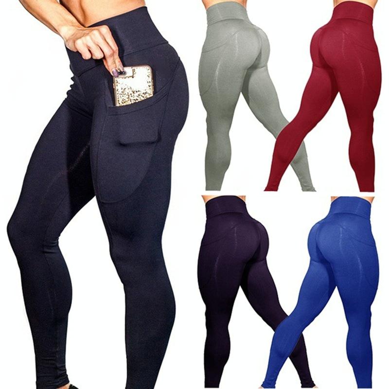 High Elastic Yoga Pants With Pockets For Women Stretch Leggings For Jogging Workout And Running Size S - Gray