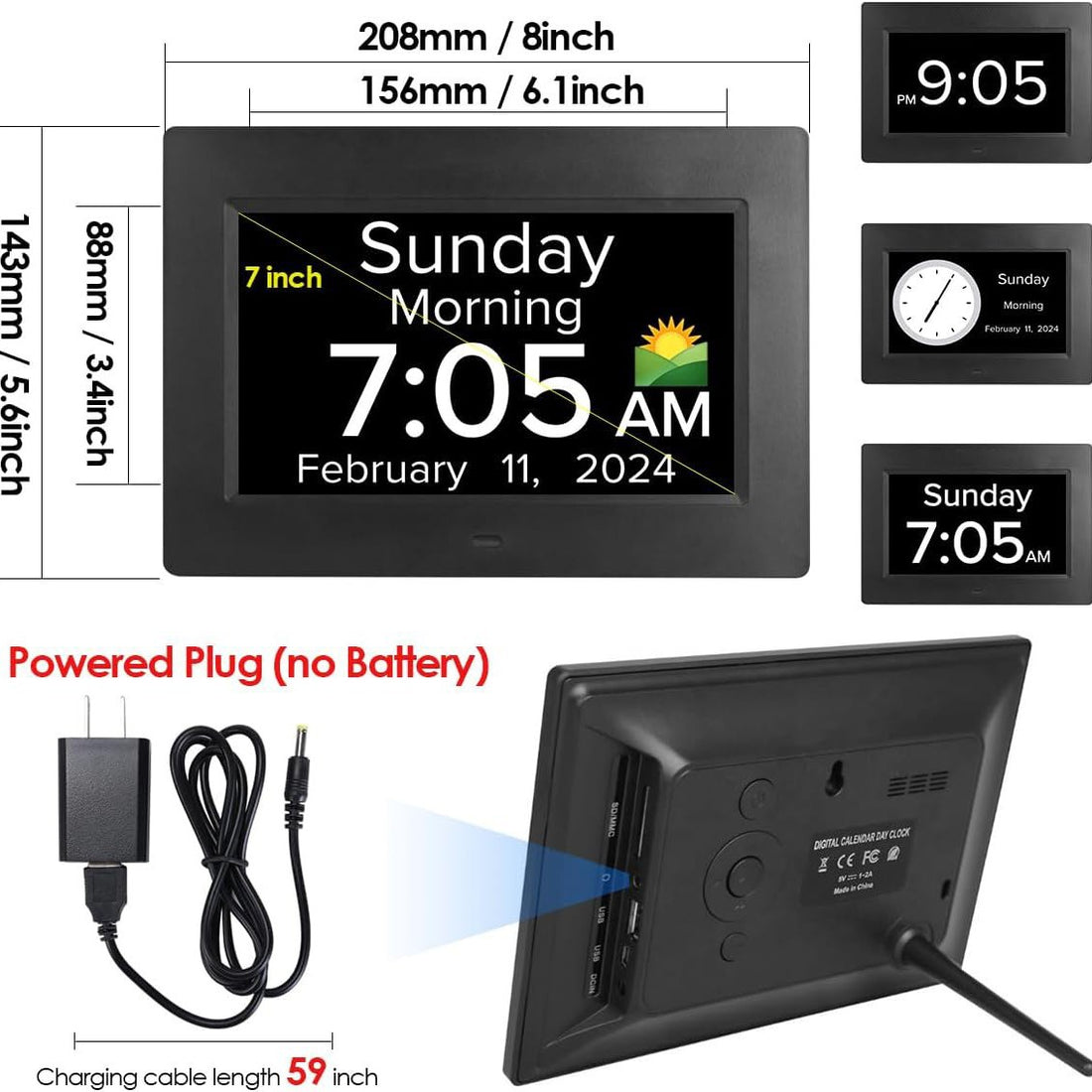 White Crystal Clear 7-Inch Digital Day Clock with Auto Dimming &amp; Voice Assist - Perfect for Seniors