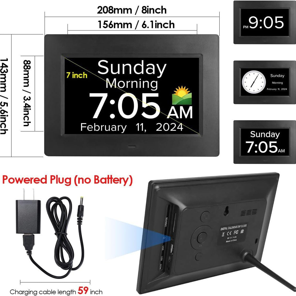 White Crystal Clear 7-Inch Digital Day Clock with Auto Dimming &amp; Voice Assist - Perfect for Seniors