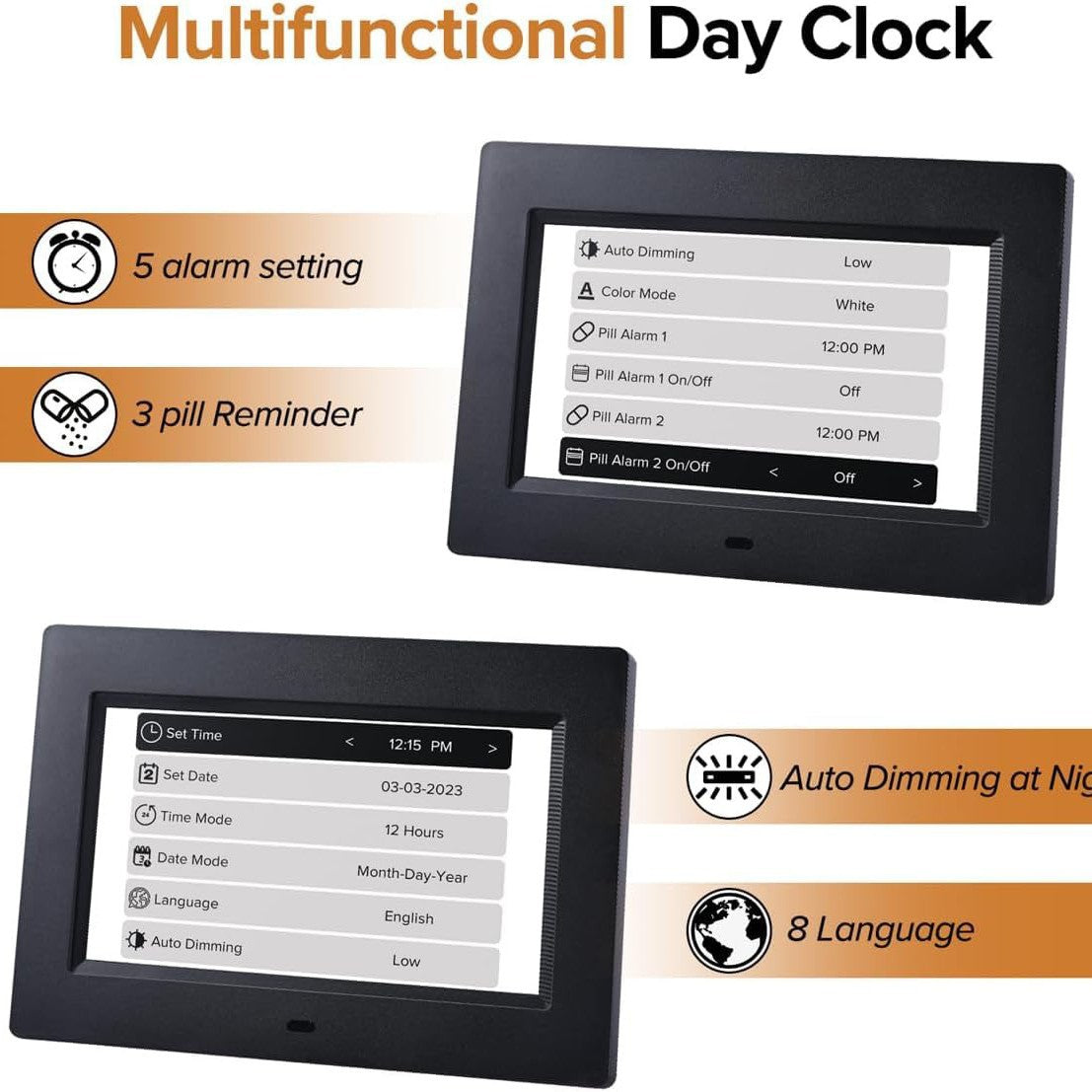White Crystal Clear 7-Inch Digital Day Clock with Auto Dimming &amp; Voice Assist - Perfect for Seniors