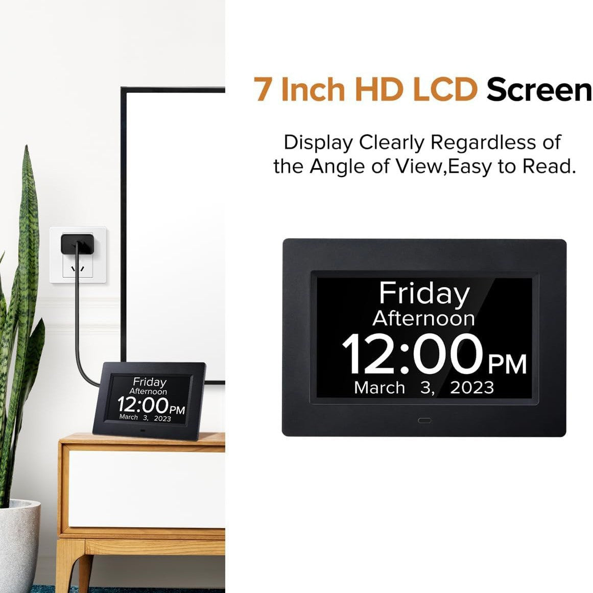 White Crystal Clear 7-Inch Digital Day Clock with Auto Dimming &amp; Voice Assist - Perfect for Seniors
