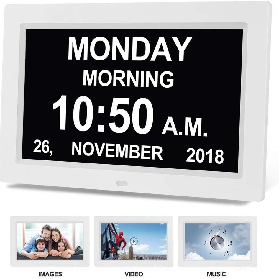 White 10.1-Inch Digital Clock with Medication Reminders &amp; Multi-Function Alarm - Ideal for Elderly Care