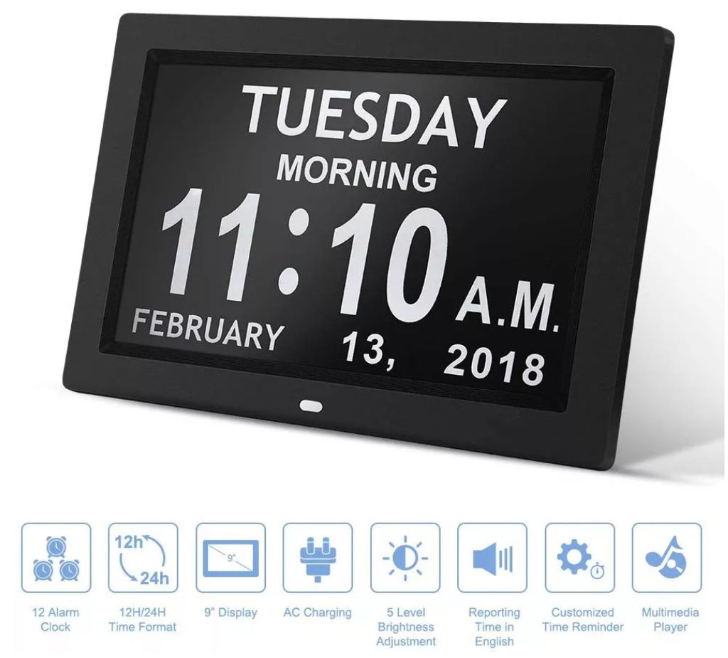 Black 10.1-Inch Digital Clock with Medication Reminders & Multi-Function Alarm - Ideal for Elderly Care