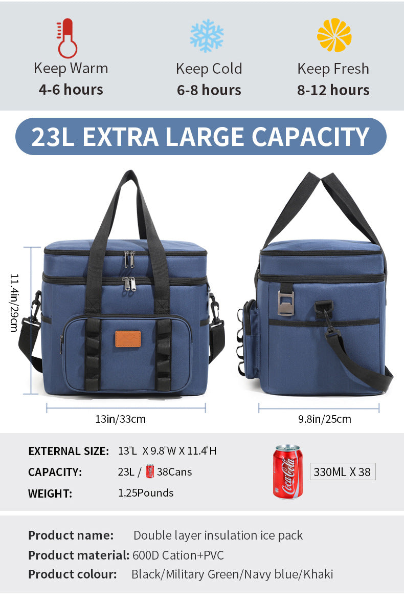 Khaki 23L Extra Large Insulated Cooler Bag with Double Layers - Perfect for Camping, Picnics, and Outdoor Adventures