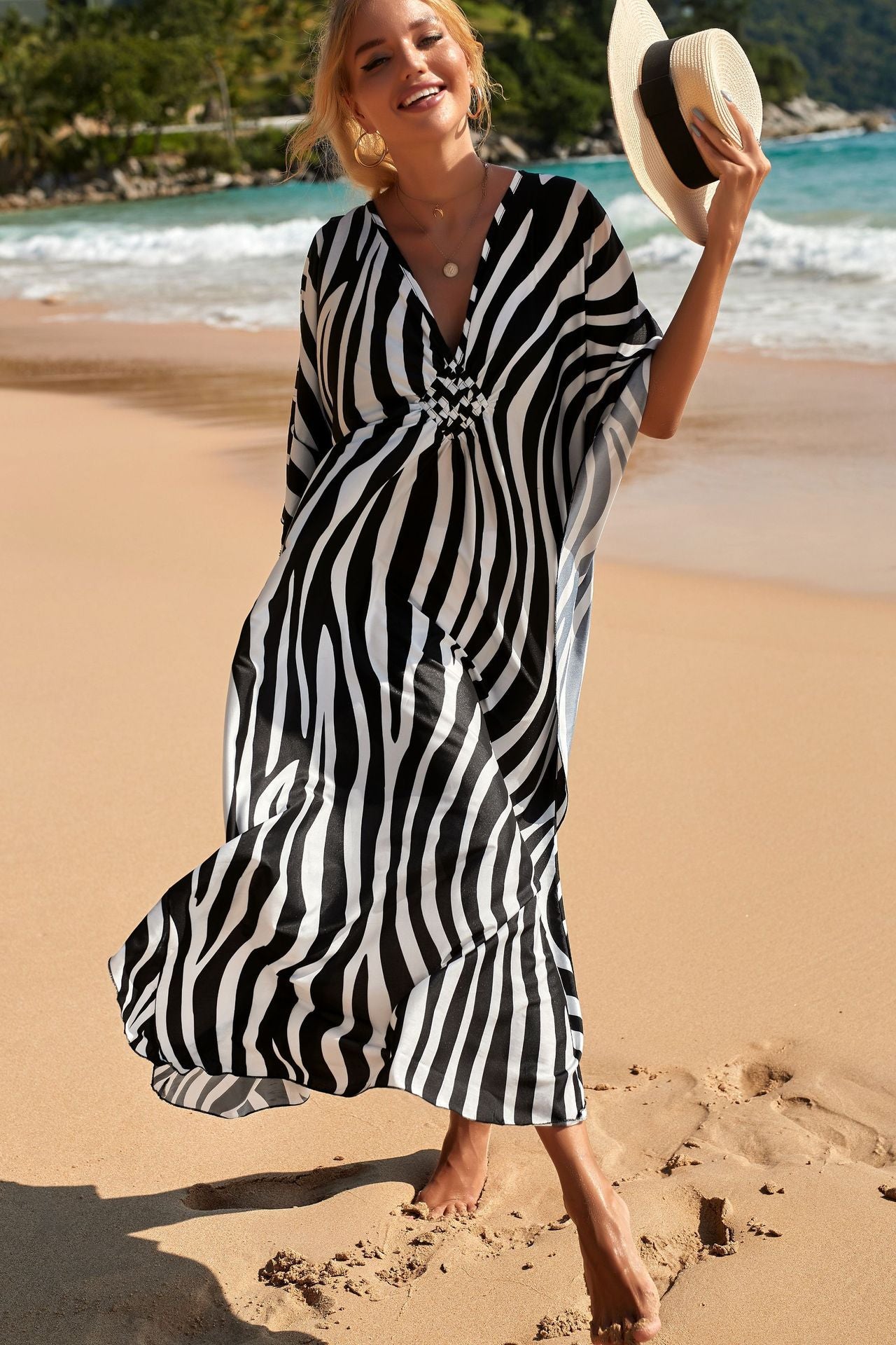 Zebra Print Loose Fit Caftan Dress - Resort Style Beach Coverup for Women