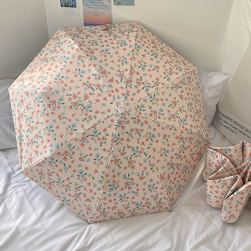 Little Red Flower Mini 5-Fold Umbrella - Portable, Anti-UV, Black Glue Coating