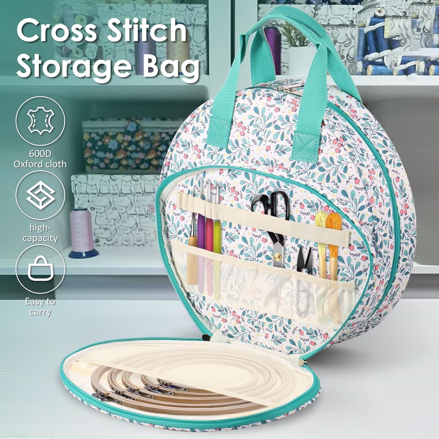 Lake Blue Leaves Multi-Compartment Embroidery Bag - Keep Your Projects Organized