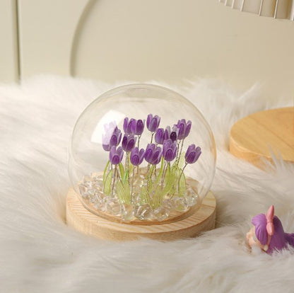 (Twenty Purple Tulips) Glowing Tulip Dome Lamp -  Wooden Base, Bedside Table Decoration