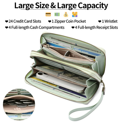 Green Embossed Design Large Capacity Vegan Leather Wallet with Wristlet