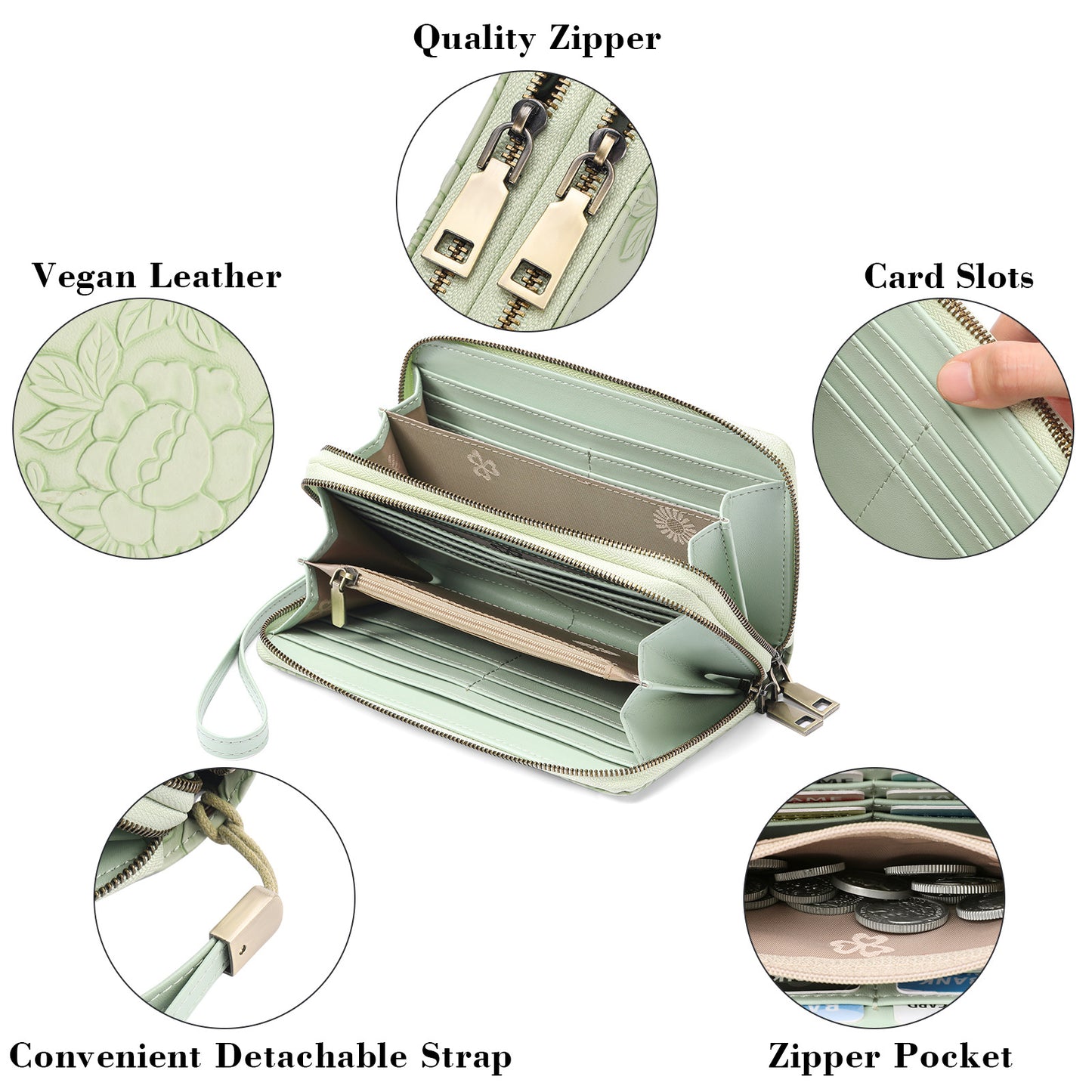 Green Embossed Design Large Capacity Vegan Leather Wallet with Wristlet