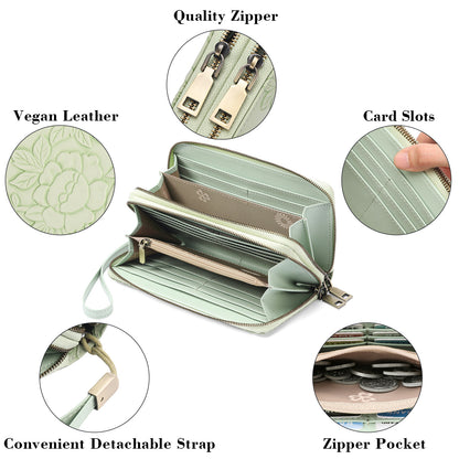 Green Embossed Design Large Capacity Vegan Leather Wallet with Wristlet