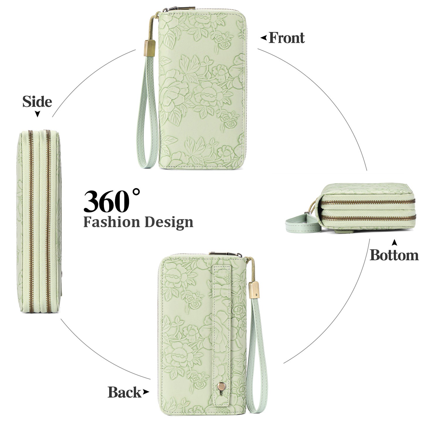 Green Embossed Design Large Capacity Vegan Leather Wallet with Wristlet