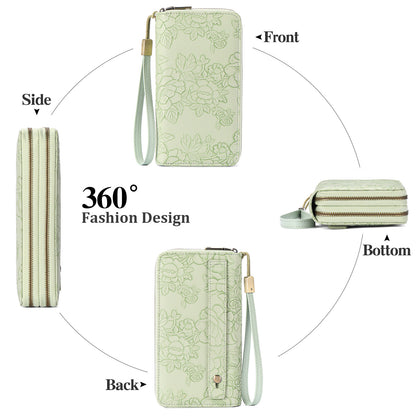 Green Embossed Design Large Capacity Vegan Leather Wallet with Wristlet