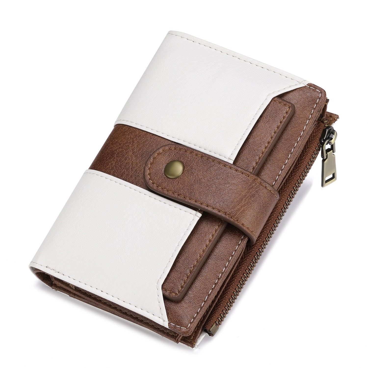 White And Brown Compact Leather Wallet with 20 Card Slots &amp; Zipper Coin Pocket