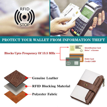 White And Brown Compact Leather Wallet with 20 Card Slots & Zipper Coin Pocket