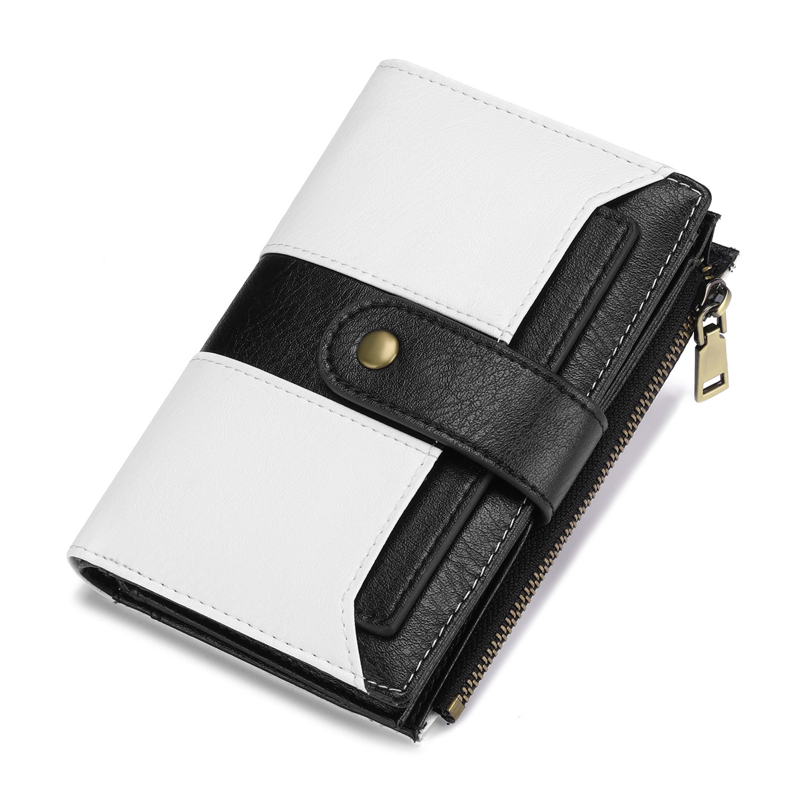 White And Black Compact Leather Wallet with 20 Card Slots &amp; Zipper Coin Pocket