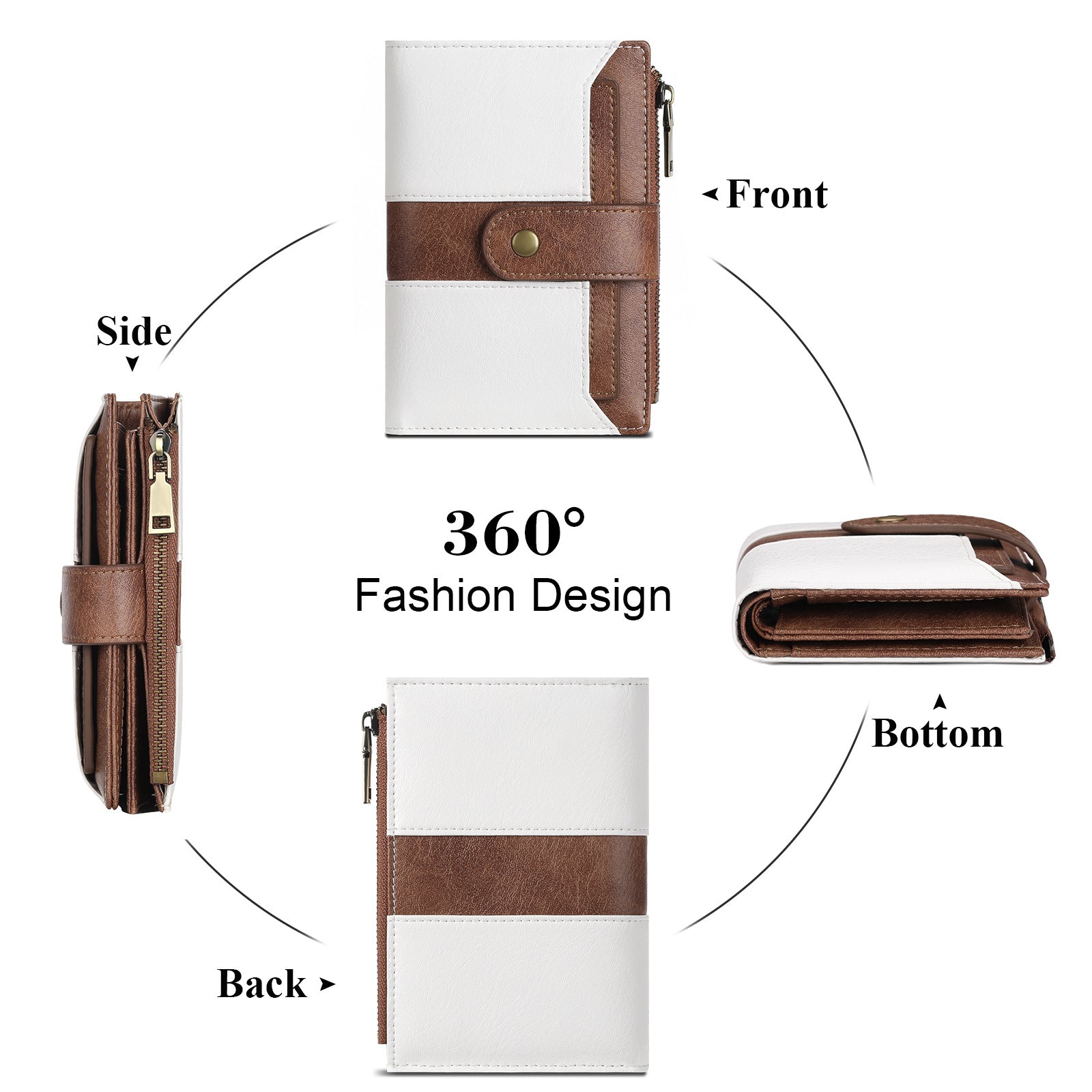 White And Black Compact Leather Wallet with 20 Card Slots &amp; Zipper Coin Pocket