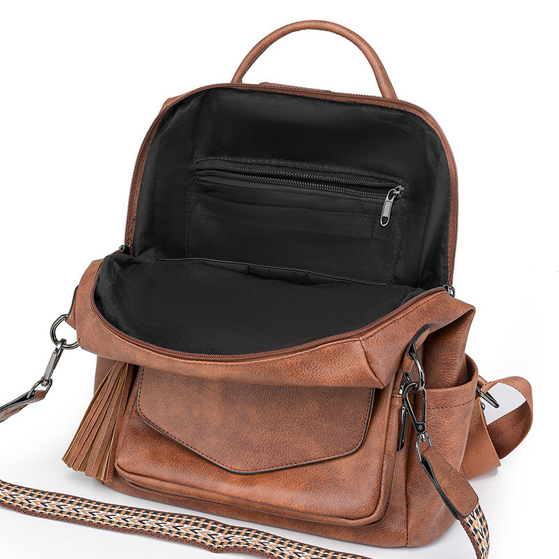 White With Brown Fashionable Women's Backpack Set - With Coin Purse and Tassels