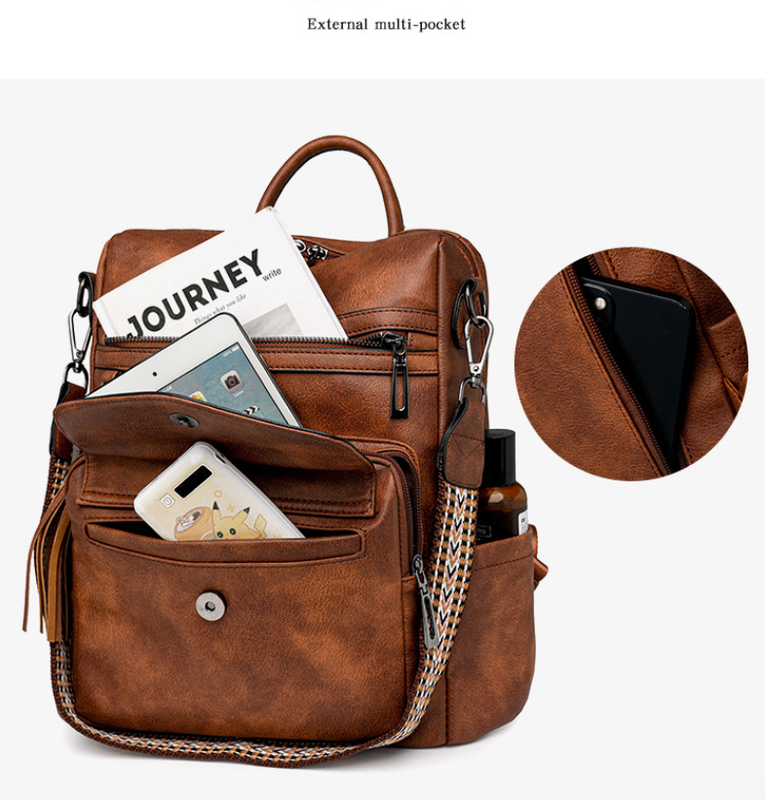 White With Brown Fashionable Women's Backpack Set - With Coin Purse and Tassels