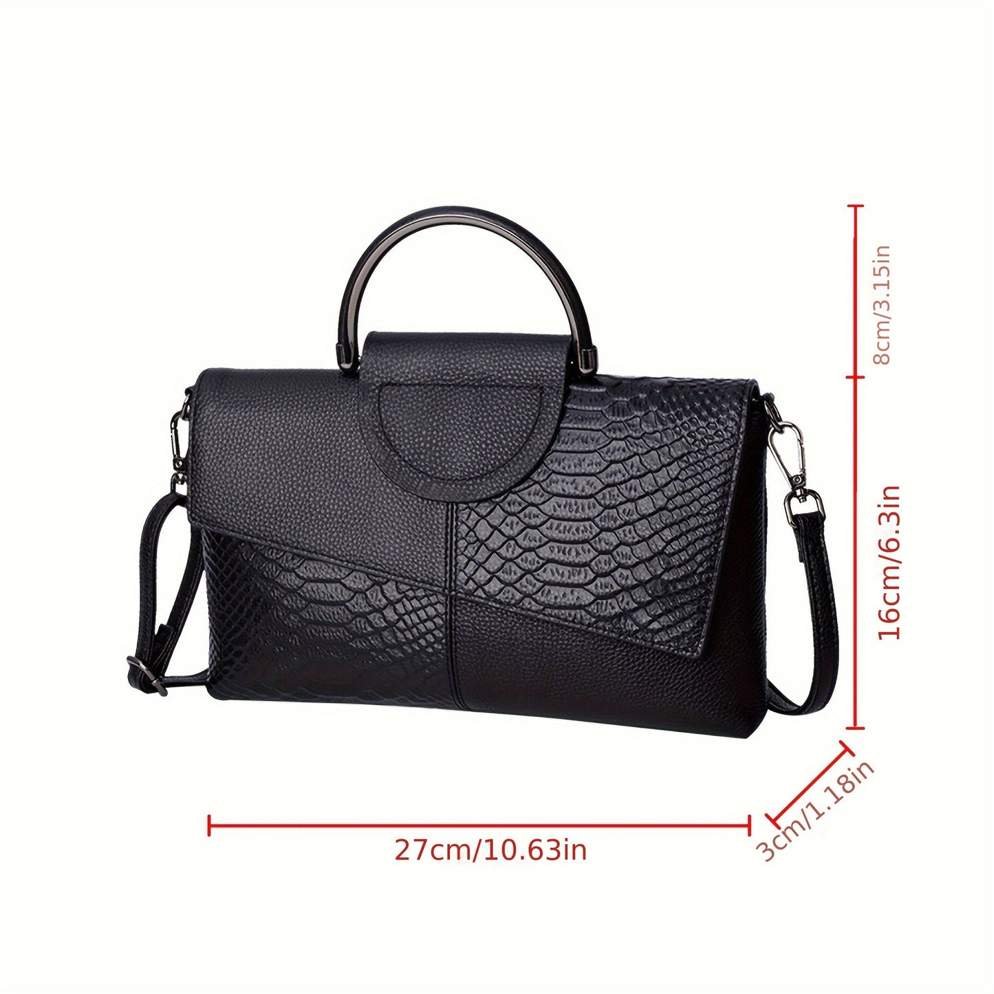 Black Elegant crocodile embossed clutch - with metal top handle and shoulder strap