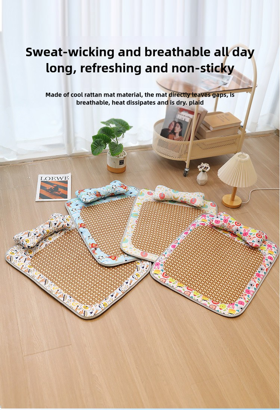 Size S Style 3 Colorful Pet Cooling Mat for Dogs and Cats - Summer Breathable Woven Rattan Bed with Sponge Cushion, Durable and Chew-Resistant