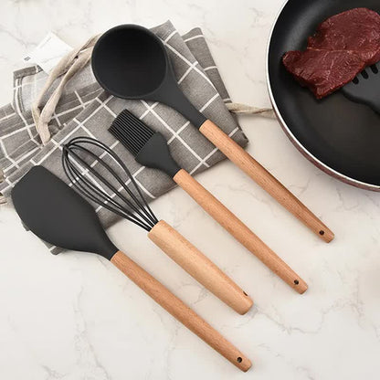 Khaki And Brown 12-Piece Silicone Kitchen Utensil Set - Non-Stick Food-Grade Silicone Cooking Tools with Wooden Handles and Holder