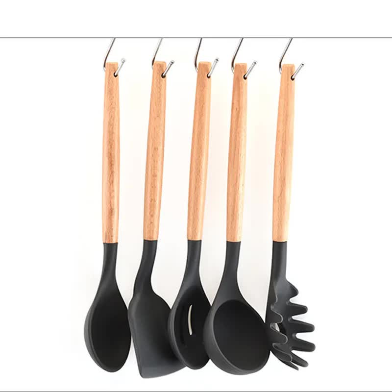 Khaki And Brown 12-Piece Silicone Kitchen Utensil Set - Non-Stick Food-Grade Silicone Cooking Tools with Wooden Handles and Holder