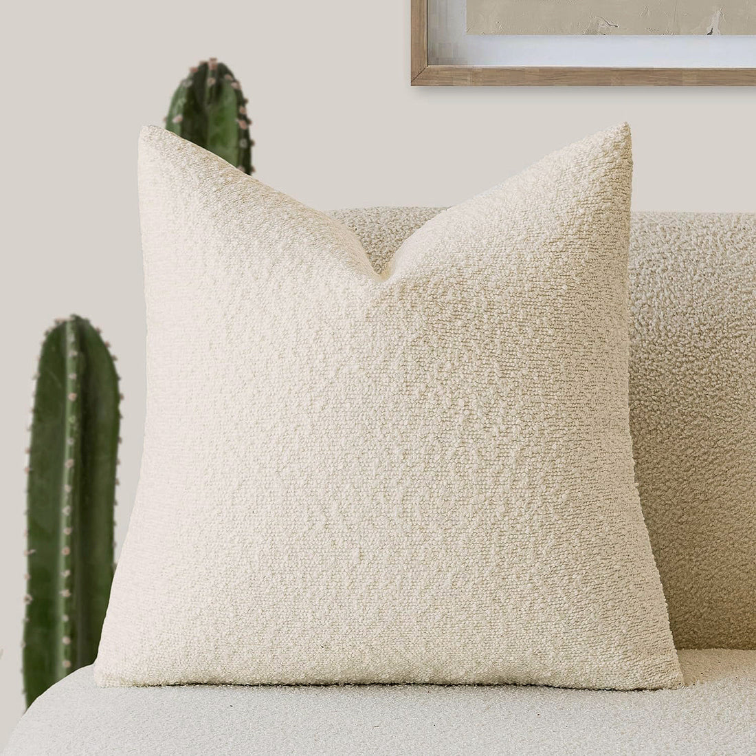 2 Pcs Beige Luxury Boucle Pillow Cover - Solid Color Faux Shearling Cushion Case for Sofa, 45x45cm, 230g (Pillow Insert Not Included)