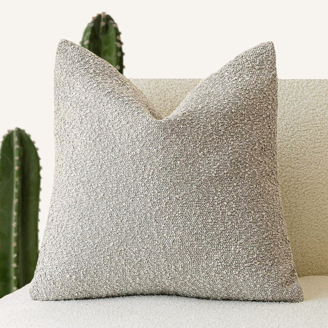2 Pcs Oatmeal Luxury Boucle Pillow Cover - Solid Color Faux Shearling Cushion Case for Sofa, 45x45cm, 230g (Pillow Insert Not Included)