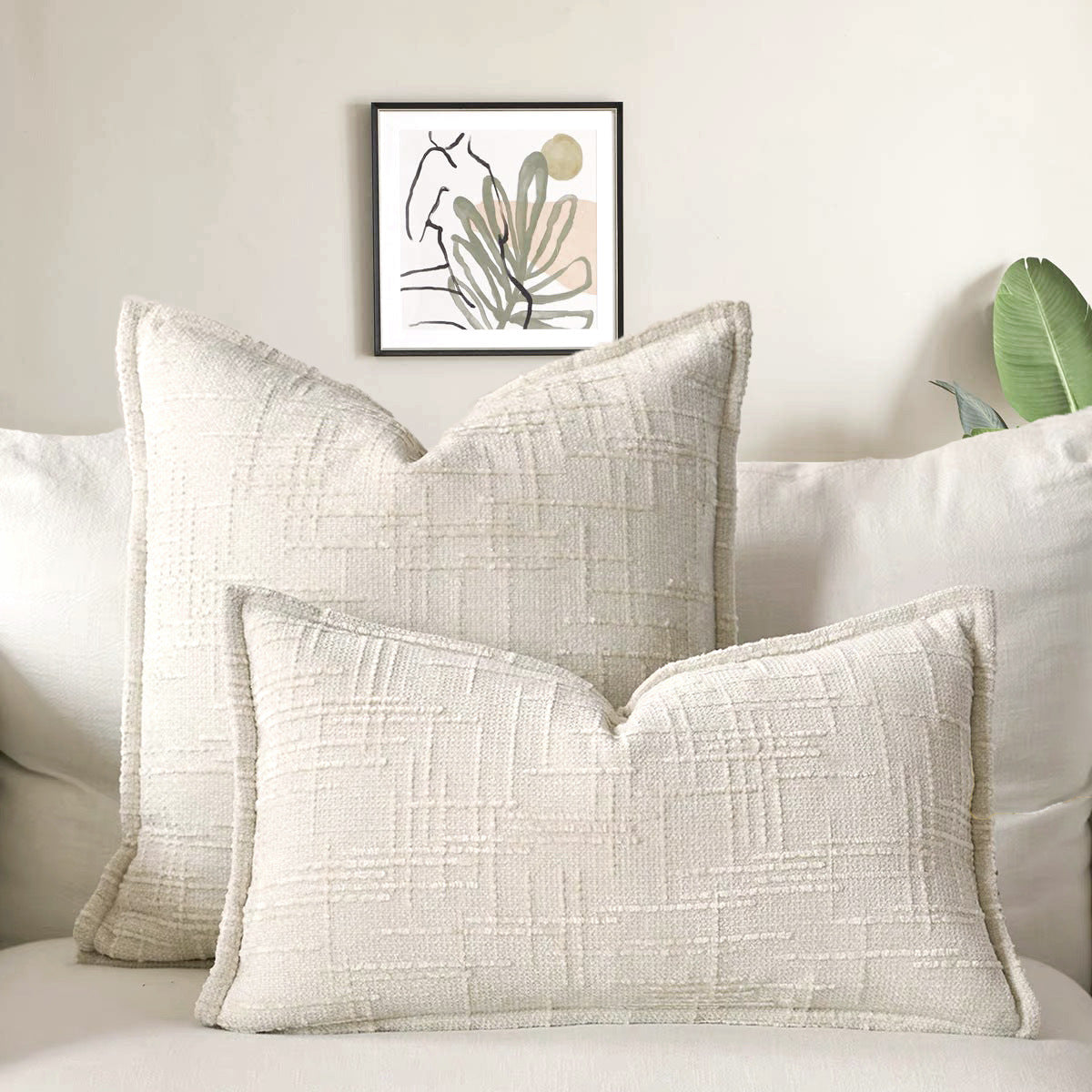 Beige Chenille Crosshatch Textured Pillow Covers Set of 2 - Modern Minimalist Sofa Bed Cushion Covers 45x45cm & 30x50cm(without pillow core)