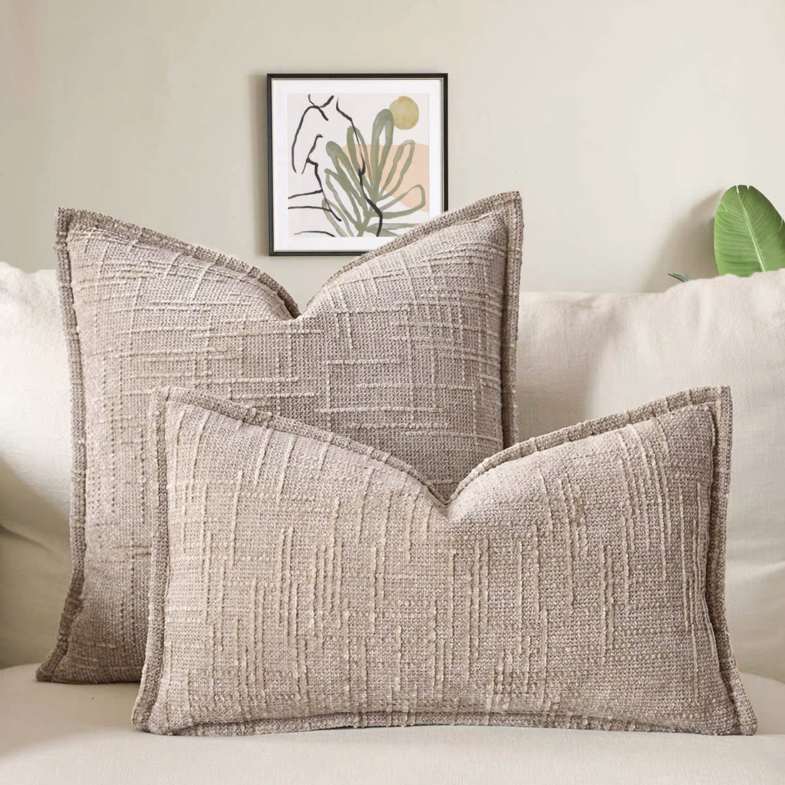 Oatmeal Chenille Crosshatch Textured Pillow Covers Set of 2 - Modern Minimalist Sofa Bed Cushion Covers 45x45cm & 30x50cm(without pillow core)