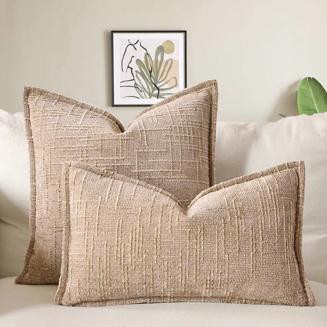Khaki Chenille Crosshatch Textured Pillow Covers Set of 2 - Modern Minimalist Sofa Bed Cushion Covers 45x45cm &amp; 30x50cm(without pillow core)
