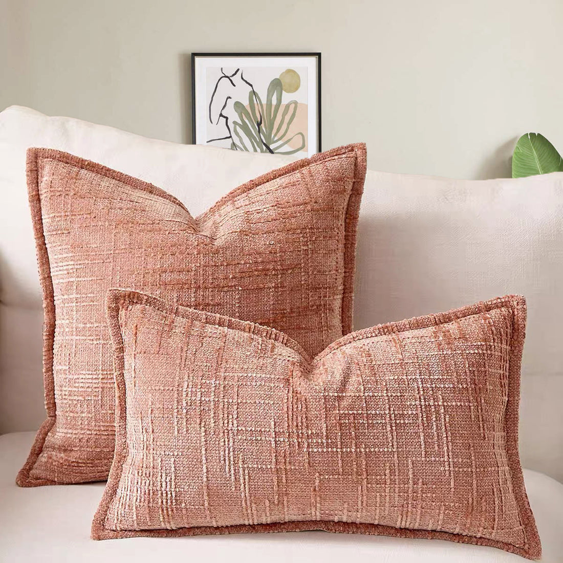 Pink Chenille Crosshatch Textured Pillow Covers Set of 2 - Modern Minimalist Sofa Bed Cushion Covers 45x45cm &amp; 30x50cm(without pillow core)