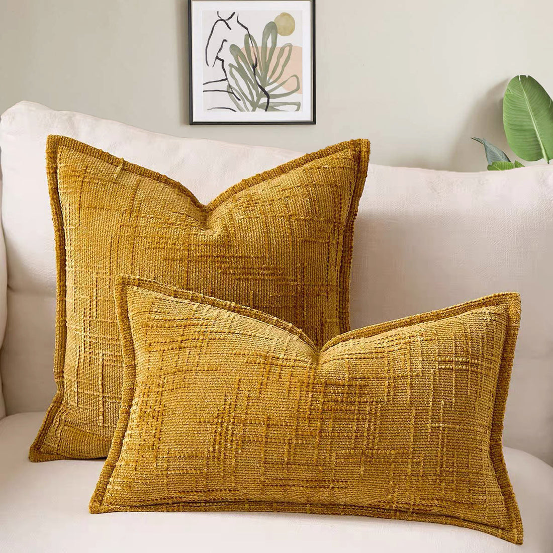Yellow Chenille Crosshatch Textured Pillow Covers Set of 2 - Modern Minimalist Sofa Bed Cushion Covers 45x45cm &amp; 30x50cm(without pillow core)