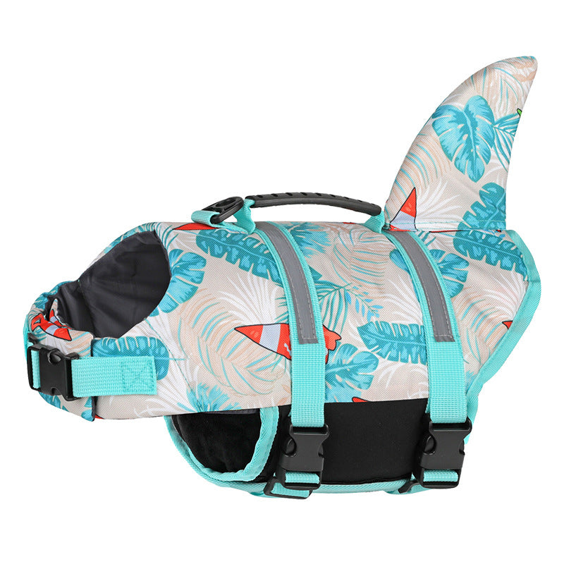 Size XS Beige And Blue Sailboat Pattern Pet Life Jacket for Dogs - Summer Swimming Safety Vest with Shark Fin for Small to Large Breeds