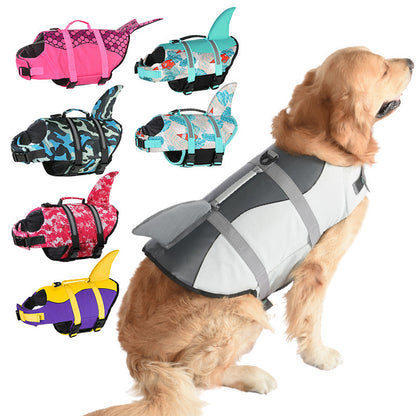 Size M Beige And Blue Sailboat Pattern Pet Life Jacket for Dogs - Summer Swimming Safety Vest with Shark Fin for Small to Large Breeds