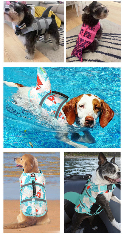 Size L Beige And Blue Sailboat Pattern Pet Life Jacket for Dogs - Summer Swimming Safety Vest with Shark Fin for Small to Large Breeds
